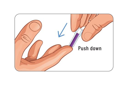 3. Stechen Sie in den Finger, indem Sie die Lanzette mit der anderen Hand fest nach unten drücken
4. Drücken Sie den Finger leicht gegen die Einstichstelle, um Blut zu gewinnen